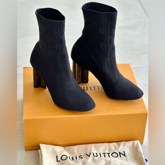 LOUIS VUITTON Monogram Stretch Fabric Silhouette Ankle Boots Black EU 40 US 10 - Picture 1 of 13